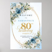 Delicate boho blue florals gold frame 80 birthday poster (Vorne)