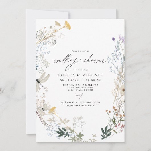 Delicate Boho Wildblume Butterfly Polterabend Einladung (Vorderseite)