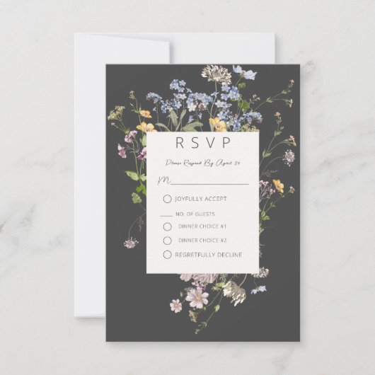 Delicate Boho Wildblumen Charkohle RSVP Karte (Vorderseite)