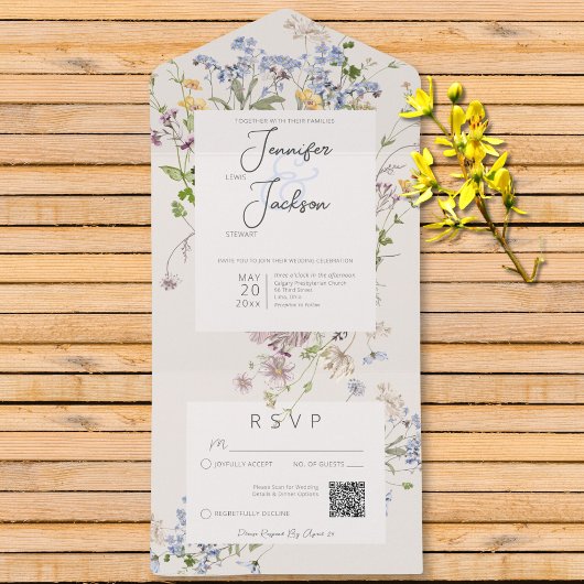 Delicate Boho Wildblumen Creme QR Code All In One Einladung