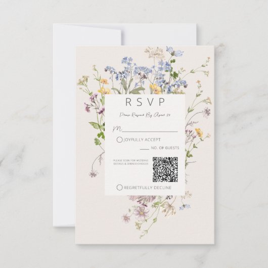 Delicate Boho Wildblumen Creme QR Code Hochzeit RSVP Karte (Vorderseite)