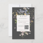 Delicate Boho Wildflowers Charcoal Wedding QR Code RSVP Karte (Vorderseite)
