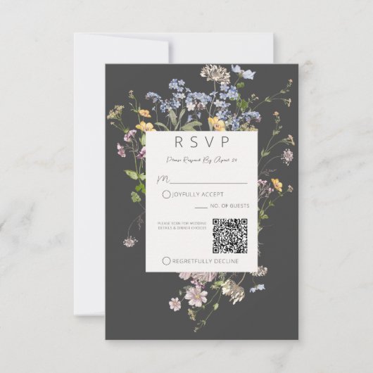 Delicate Boho Wildflowers Charcoal Wedding QR Code RSVP Karte (Vorderseite)