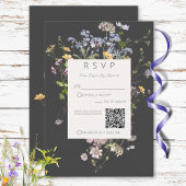 Delicate Boho Wildflowers Charcoal Wedding QR Code RSVP Karte