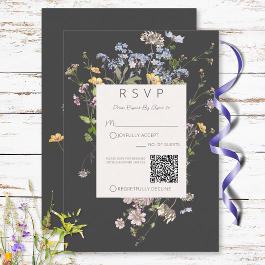 Delicate Boho Wildflowers Charcoal Wedding QR Code RSVP Karte