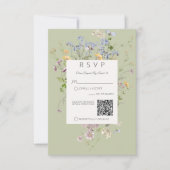 Delicate Boho Wildflowers Green QR Code Wedding RSVP Karte (Vorderseite)