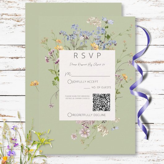 Delicate Boho Wildflowers Green QR Code Wedding RSVP Karte
