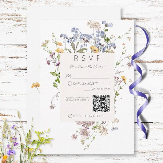 Delicate Boho Wildflowers White Wedding QR Code RSVP Karte