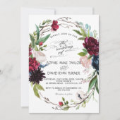 Delicate Burgundy Blue Floral Wreath Wedding Einladung (Vorderseite)