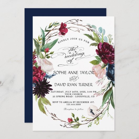 Delicate Burgundy Blue Floral Wreath Wedding Einladung (Vorne/Hinten)