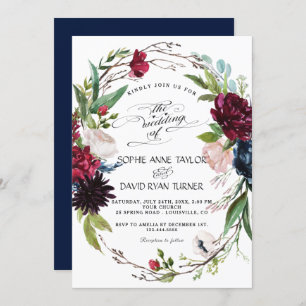 Delicate Burgundy Blue Floral Wreath Wedding Einladung