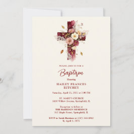 Delicate Burgundy Floral Christian Cross Baptism Einladung