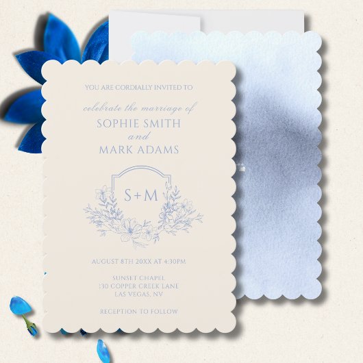 Delicate Dusty Blue Floral Monogram Crest Wedding Einladung