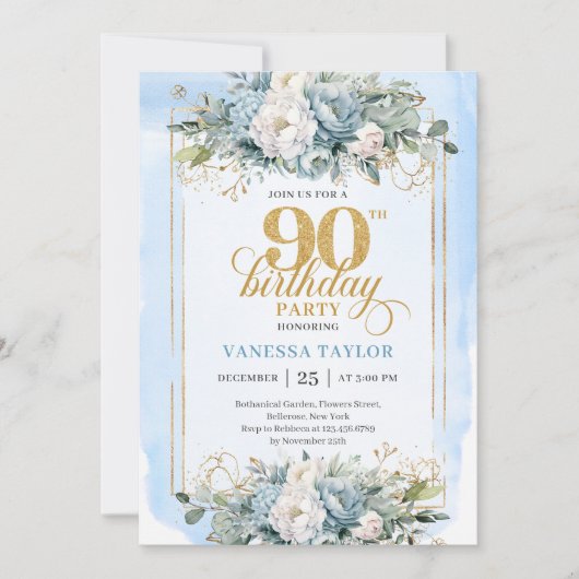 Delicate dusty blue gold trim 90th birthday invite einladung (Vorderseite)