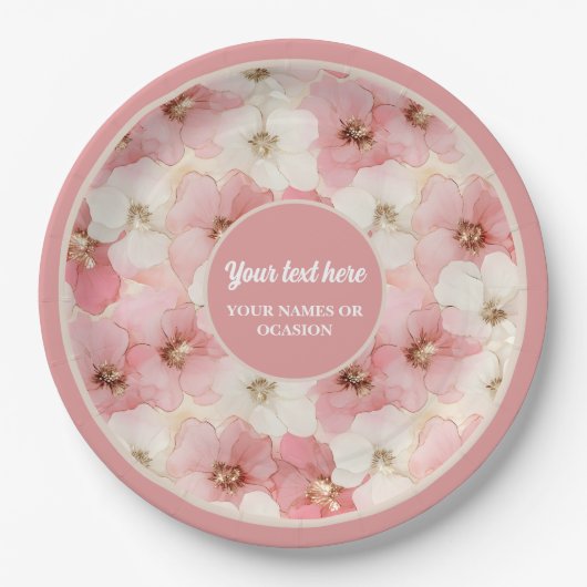 Delicate dusty rose and gold floral paper plates pappteller (Vorderseite)