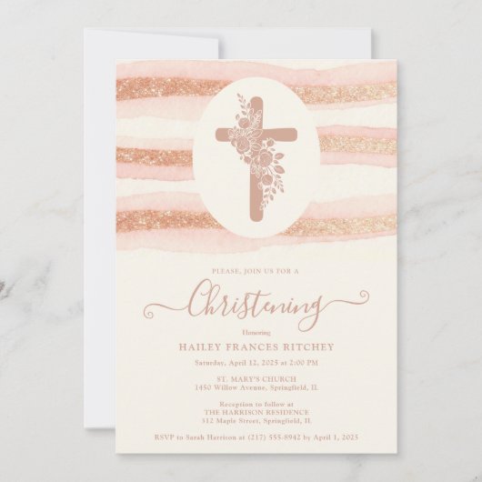 Delicate Floral Cross Romantic Rose Gold Einladung (Vorderseite)