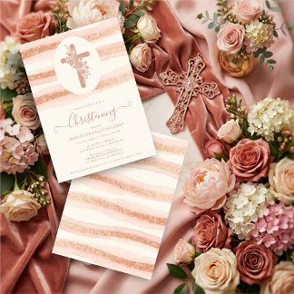 Delicate Floral Cross Romantic Rose Gold Einladung