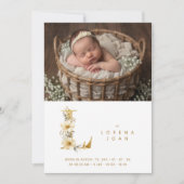 Delicate Floral E Initial Gold Glitter Newborn Ankündigung (Vorderseite)
