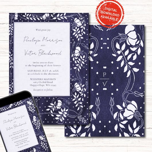 Delicate Floral Frame on Blue Wedding Invitation Einladung