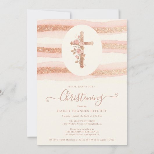 Delicate Floral Glitter Cross Romantic Rose Gold Einladung (Vorderseite)