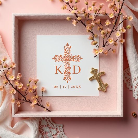 Delicate Flourish Christian Cross Wedding Initials Gummistempel