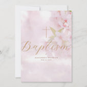 Delicate Flowers Gold Calligraphy Cross Baptism Einladung (Vorderseite)