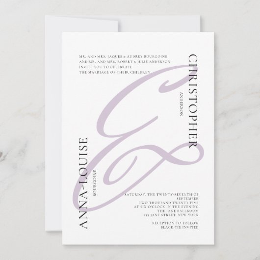 Delicate formelle Lavendel Script Ampersand Hochze Einladung (Vorderseite)