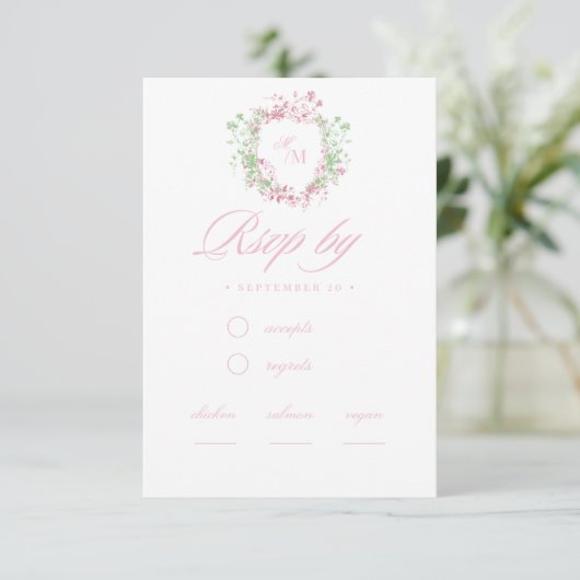  Delicate French Flora Crest Wedding RSVP Karte (Stehend Vorderseite)