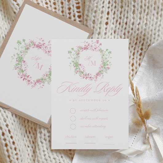  Delicate French Flora Crest Wedding RSVP Karte