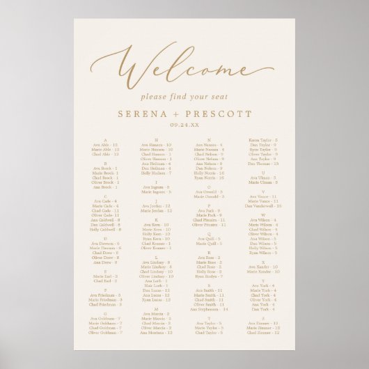 Delicate Gold and Cream Alphabetical Seating Chart Poster (Vorne)