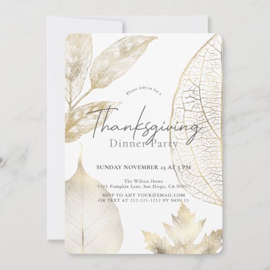 Delicate Gold Blätter Erntedank Dinner Einladung (Vorderseite)