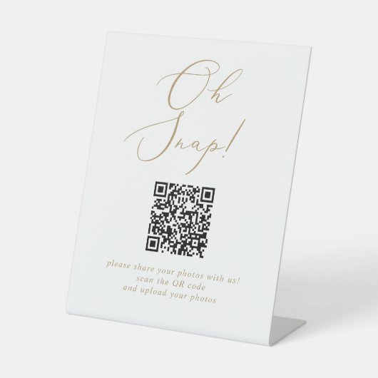 Delicate Gold Calligrafy Oh Snap QR Code Hochzeit Sockelschild (Vorderseite)