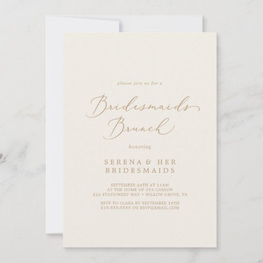 Delicate Gold Calligraphy Cream Bridesmaids Brunch Einladung (Vorderseite)