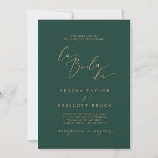 Delicate Gold Calligraphy Green La Boda De Wedding Einladung (Vorderseite)