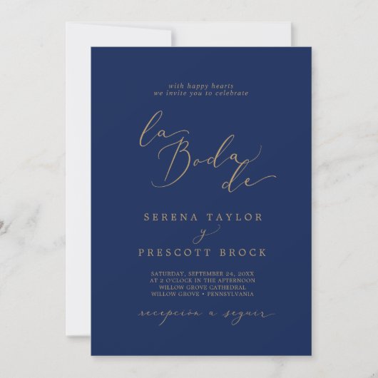 Delicate Gold Calligraphy Navy La Boda De Wedding Einladung (Vorderseite)