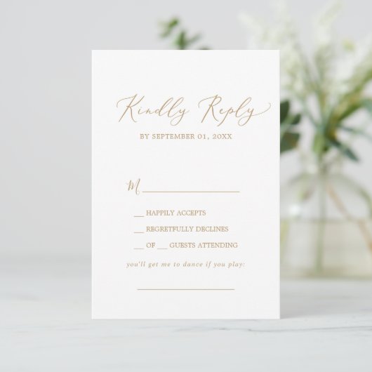 Delicate Gold Calligraphy Song Request RSVP Card (Stehend Vorderseite)