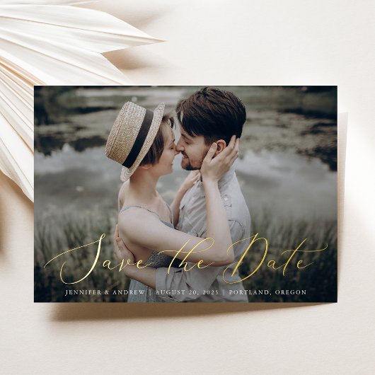 Delicate Gold Foil Script Foto Save the Date Karte
