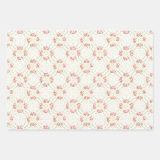 Delicate Gold Scrollwork & Pink Roses Floral Geschenkpapier Set (Vorderseite)
