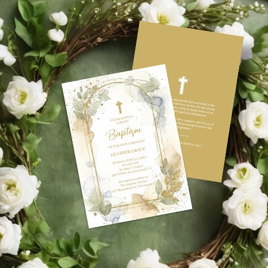 Delicate Gold Shades Floral Frame Arch Baptism Einladung
