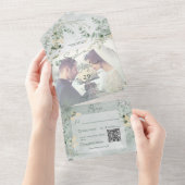 Delicate Greenery Modernes Foto QR Code All In One Einladung (Abreißen)