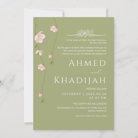 Delicate Hanging Peach Blossom Islamic Wedding Einladung (Vorderseite)