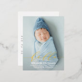 Delicate Hello Foil Birth Ankündigung Postcard (Vorderseite/Rückseite)