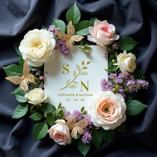 Delicate Initials Wildflowers Branches Wedding Gummistempel