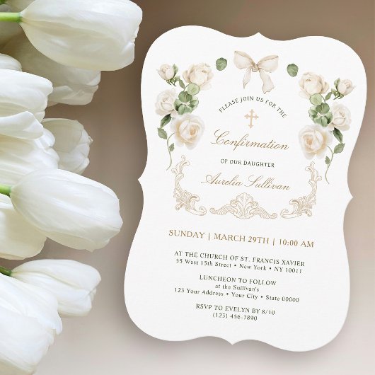 Delicate Ivory Roses Frame Confirmation Einladung