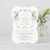 Delicate Ivory Roses Frame First Communion Einladung (Stehend Vorderseite)