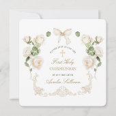 Delicate Ivory Roses Frame First Communion Small Einladung (Vorderseite)