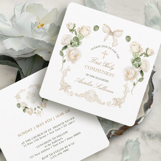 Delicate Ivory Roses Frame First Communion Small Einladung