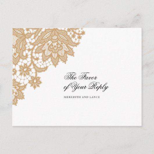Delicate Lace Black and Gold Script Wedding Antwor Einladungspostkarte (Vorderseite)
