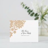 Delicate Lace Black and Gold Script Wedding Antwor Einladungspostkarte (Stehend Vorderseite)