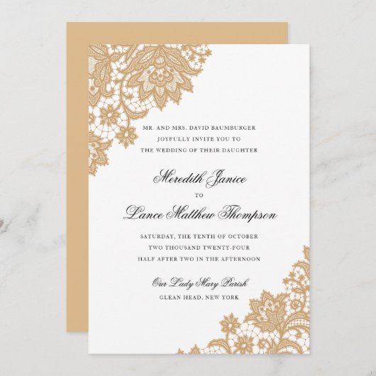 Delicate Lace Corner Black and Gold Script Wedding Einladung (Vorne/Hinten)